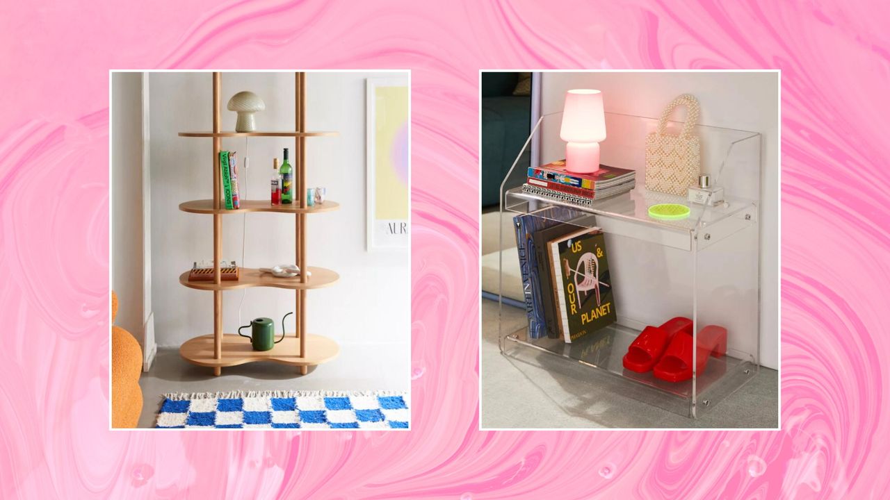 Two pictures of bookshelves on a pink background