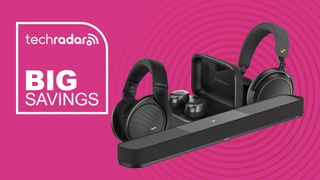 Sennheiser headphones and a soundbar on a pink background with "Big Savings" text in white.