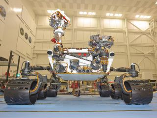 NASA's Curiosity rover is shown here during final testing at the Jet Propulsion Laboratory. It will be shipped to its Florida launch site in late June 2011.