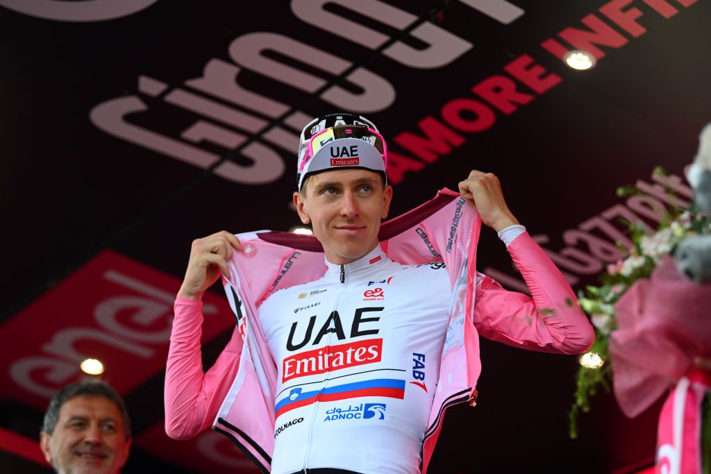 FRANCAVILLA AL MARE ITALY MAY 15 Tadej Pogacar of Slovenia and UAE Team Emirates Pink Leader Jersey celebrates at podium during the 107th Giro dItalia 2024 Stage 11 a 207km stage from Foiano di val Fortore to Francavilla al mare UCIWT on May 15 2024 in Francavilla al mare Italy Photo by Dario BelingheriGetty Images