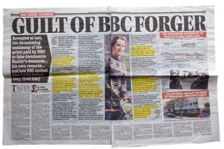 A double page spread of the Daily Mail newspaper with the headline Guilt of BBC Forger about the Diana Panorama interview with Martin Bashir