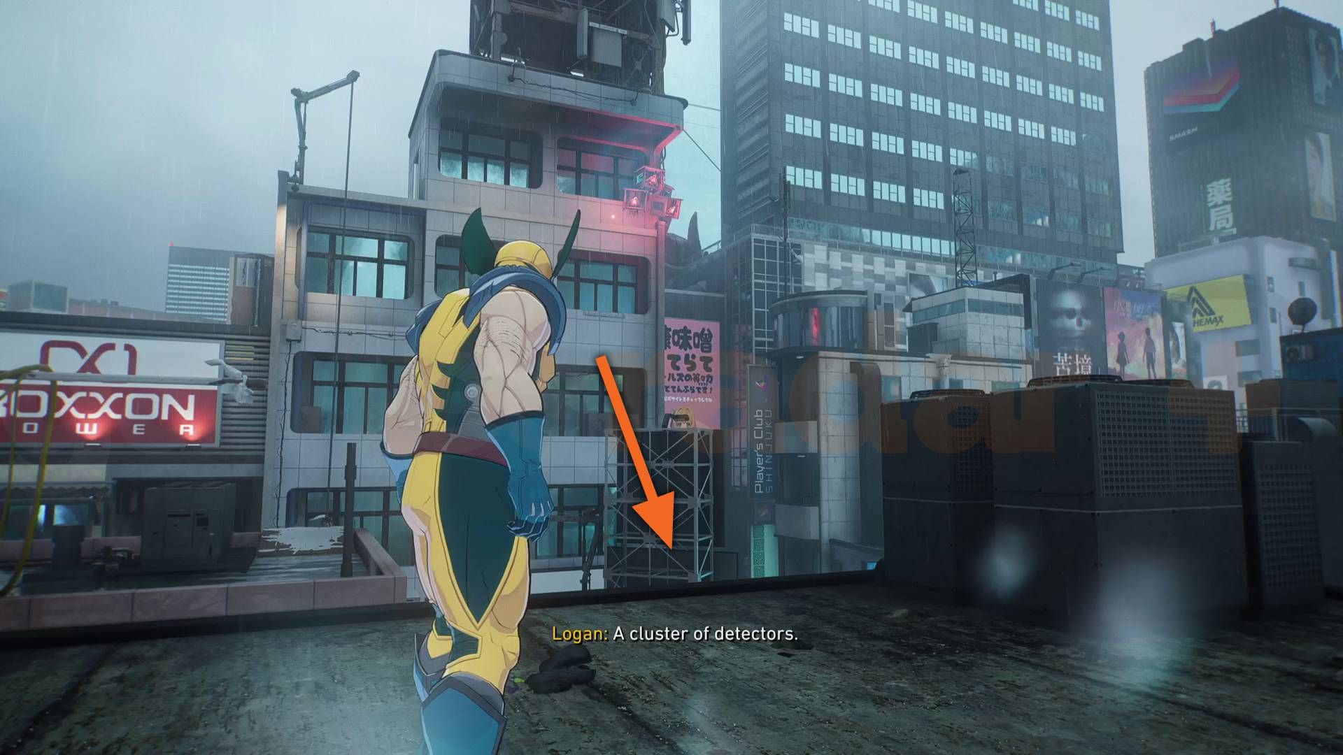 Marvel's Wolverine jump down to lower rooftop in Kabukicho in In the Shadows