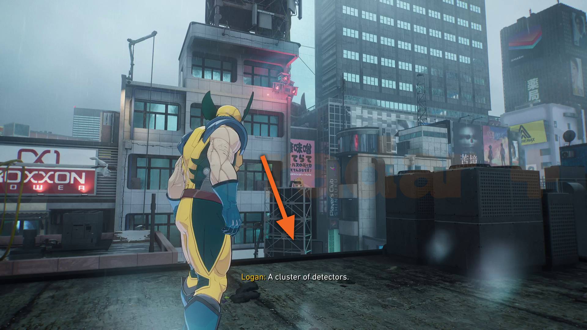 Marvel's Wolverine jump down to lower rooftop in Kabukicho in In the Shadows