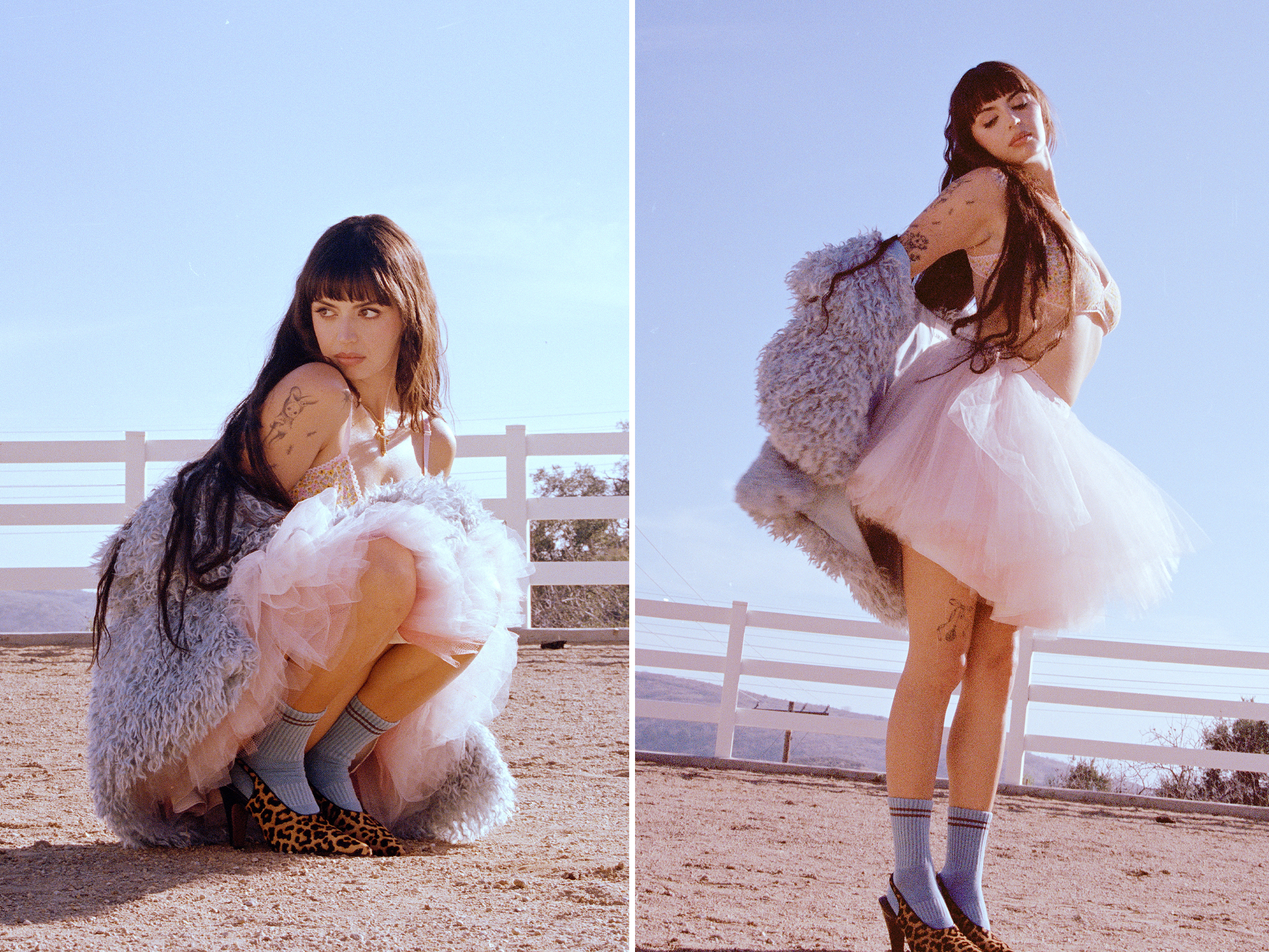 Singer Rebecca Black is on a farm. She wore a pink lace bra with a pink tutu, a fluffy gray jacket, a gray socks and a pink lace bra with leopard twill shoes high heels.