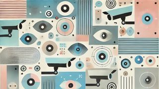 Pattern of eyes and security cameras in pastel shades