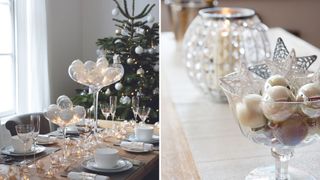 christmas tables with fun Christmas centerpiece ideas showing oversized glasses filled with baubles