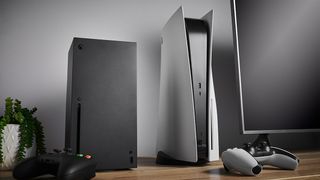 PS5 vs Xbox Series X; two games consoles on a wooden table next to a TV