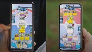 Hands holding phones showing Pokemon TCG Pocket being played