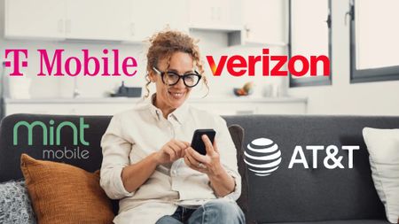 woman on phone with T-Mobile, Mint Mobile, Verizon Logo and AT&T logos