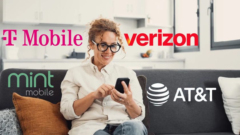 woman on phone with T-Mobile, Mint Mobile, Verizon Logo and AT&amp;T logos