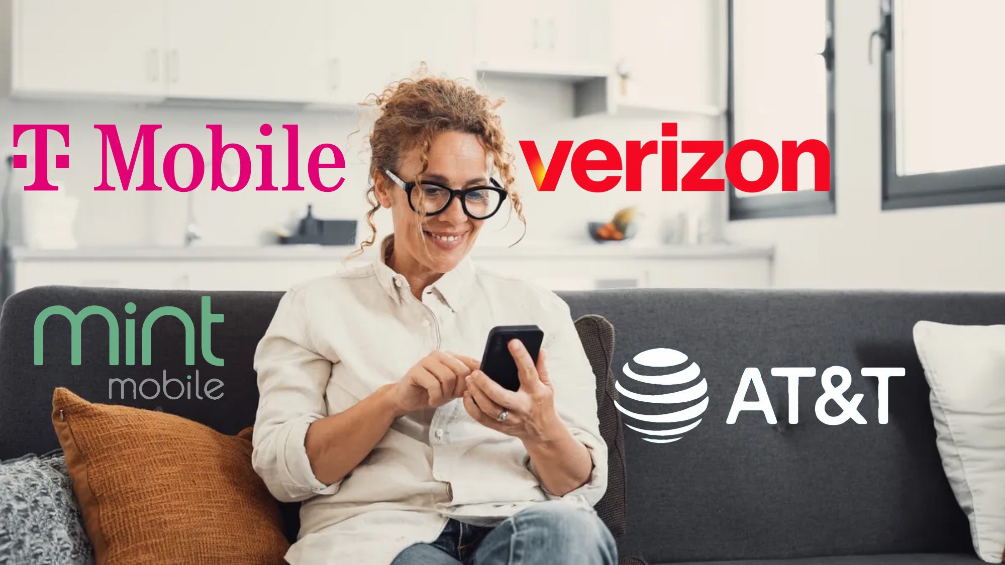 woman on phone with T-Mobile, Mint Mobile, Verizon Logo and AT&T logos