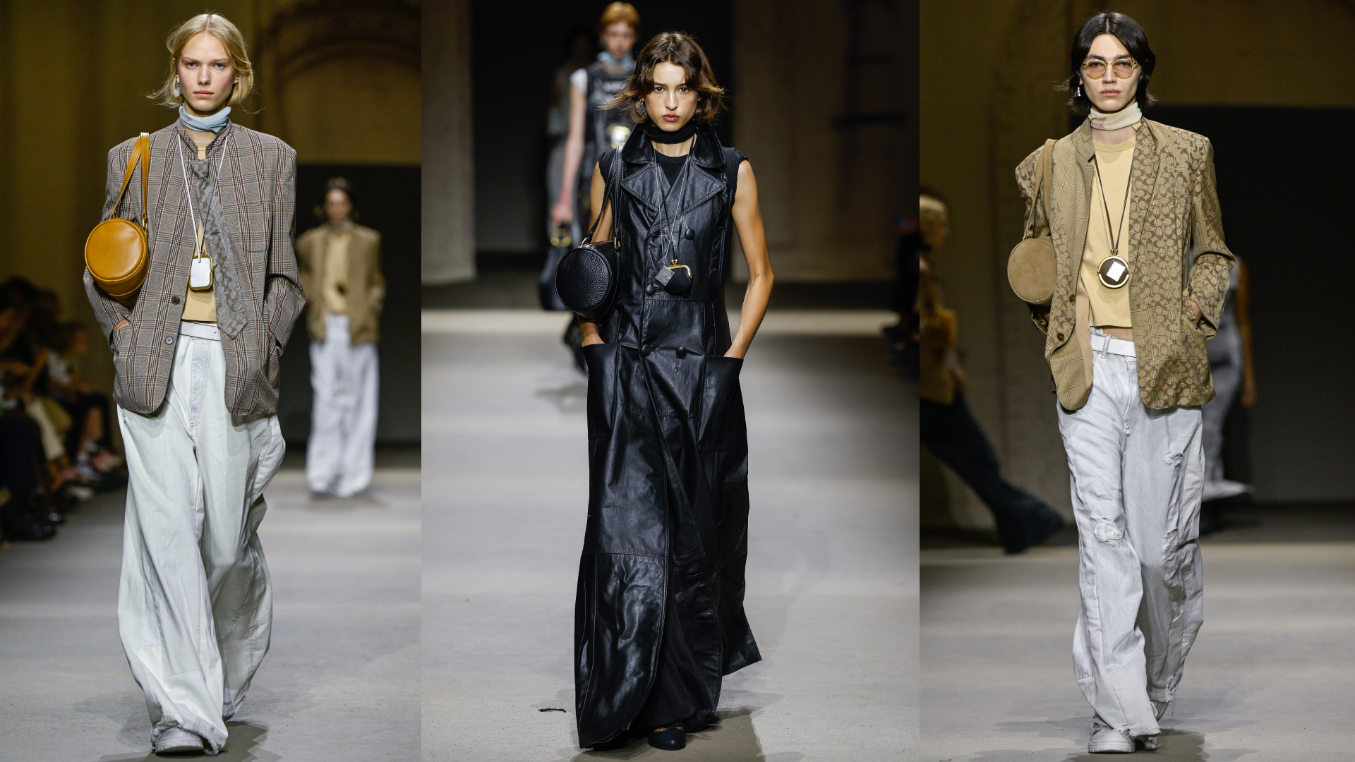 three models at the coach spring 2026 fashion show carrying Coach kisslock barrel bags
