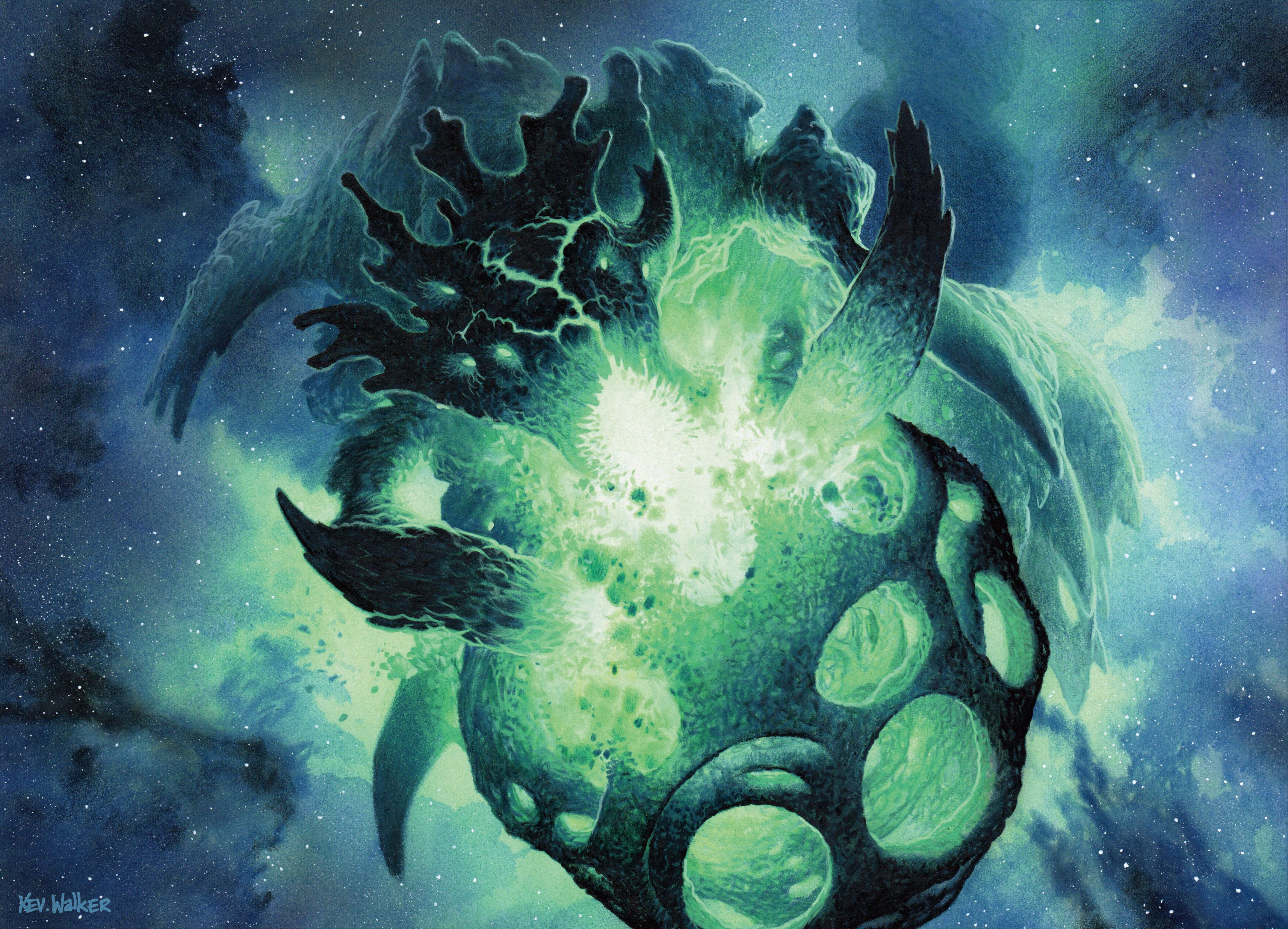 A gigantic space creature devours a planet