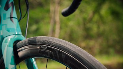 Images shows a road bike with winter tires.