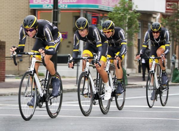 Trek-Livestrong team head down the finish straightaway having shed two riders.