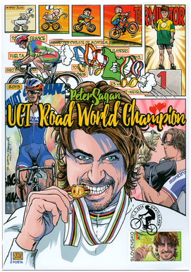 The special Peter Sagan post card designed by Slovak caricaturist Jozef Gertli Dangl&aacute;r