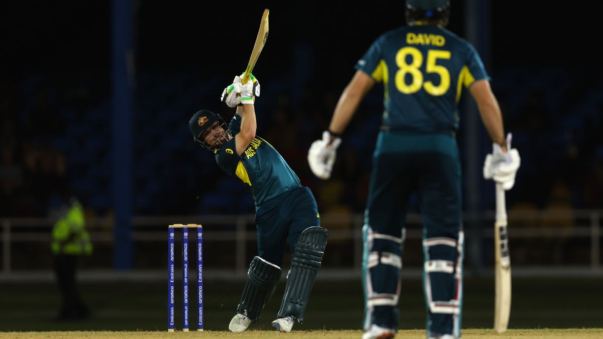 Australia&#039;s Josh Inglis and Tim David in a T20 World Cup 2024 warm-up game against West Indies.