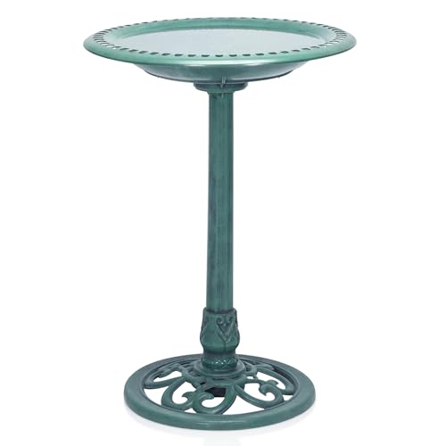 Alpine Corporation Tec116 Outdoor Aged Green Pedestal Birdbath With Scrollwork, 28" Tall, Green