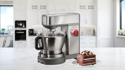 Wolf Gourmet Stand Mixer in a white kitchen