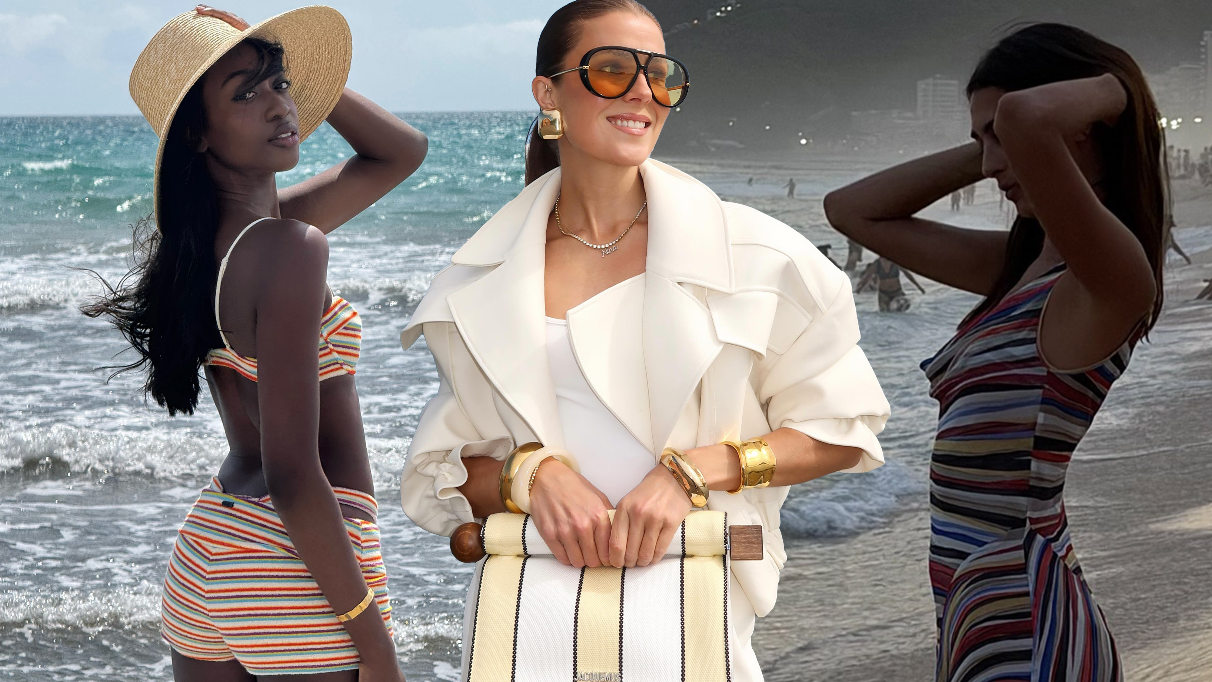 Collage of women wearing summer outfits with brightly printed stripes.