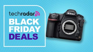 Nikon D850 camera on a blue background with Black Friday deals text overlay