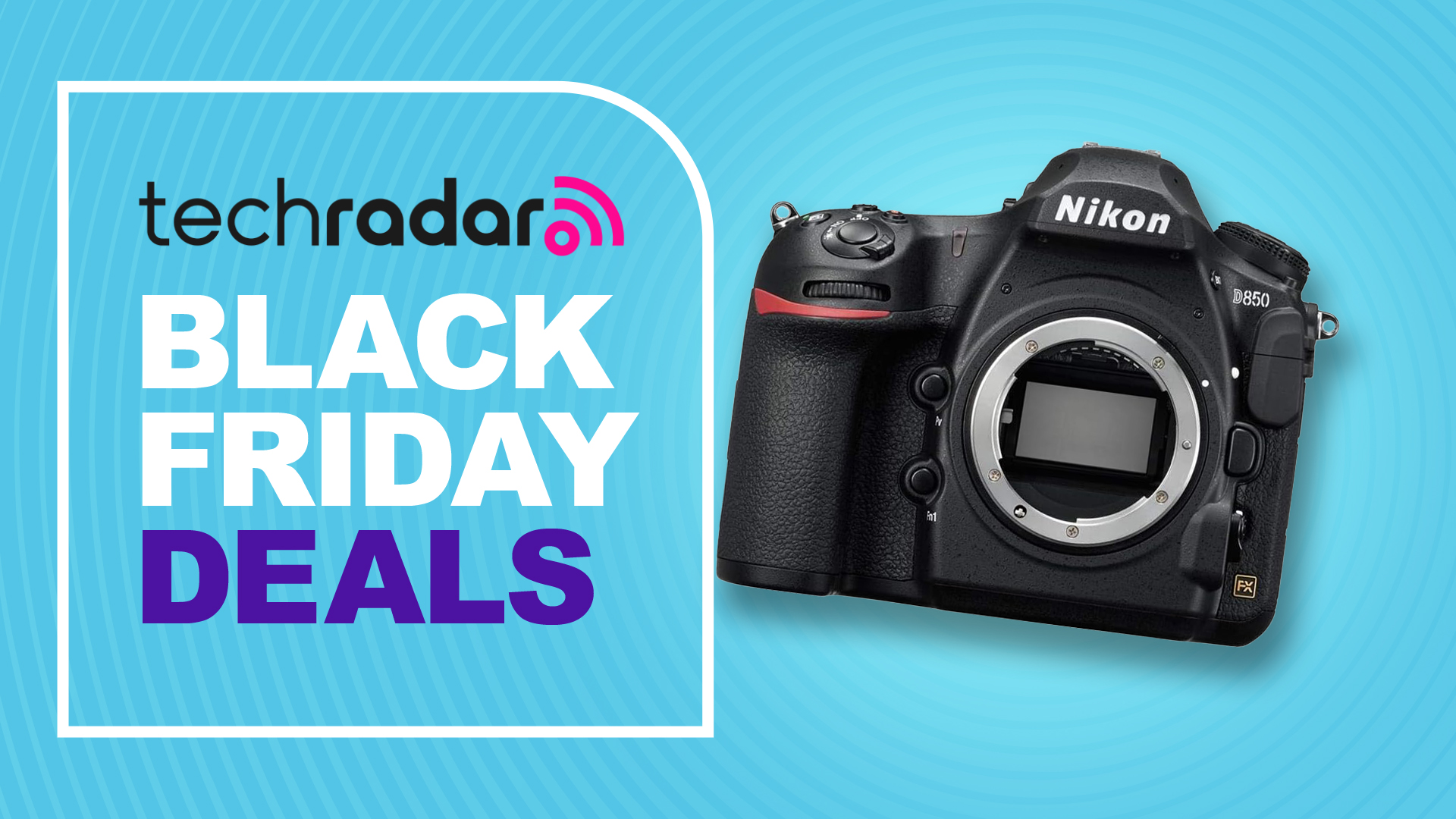 Nikon D850 camera on a blue background with Black Friday deals text overlay