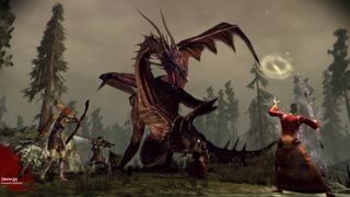 Characters attacking a dragon in Dragon Age: Origins - Ultimate Edition.