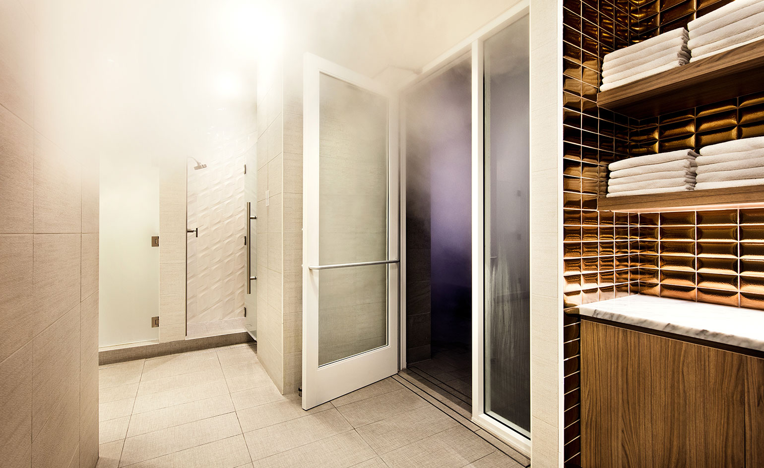 Shower at Equinox health club gym, Miracle Mile, Los Angeles