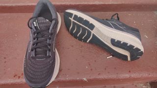 Brooks Glycerin 19 shoes laid on steps, with one shoe on its side