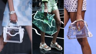 Three models carrying see-through bags down the catwalk to illustrate handbag trends 2024
