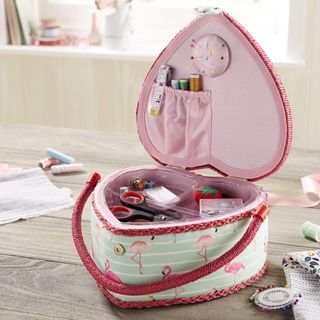 love shaped pink with green sewing box with pink handle