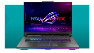 Asus gaming laptop on a blue background.