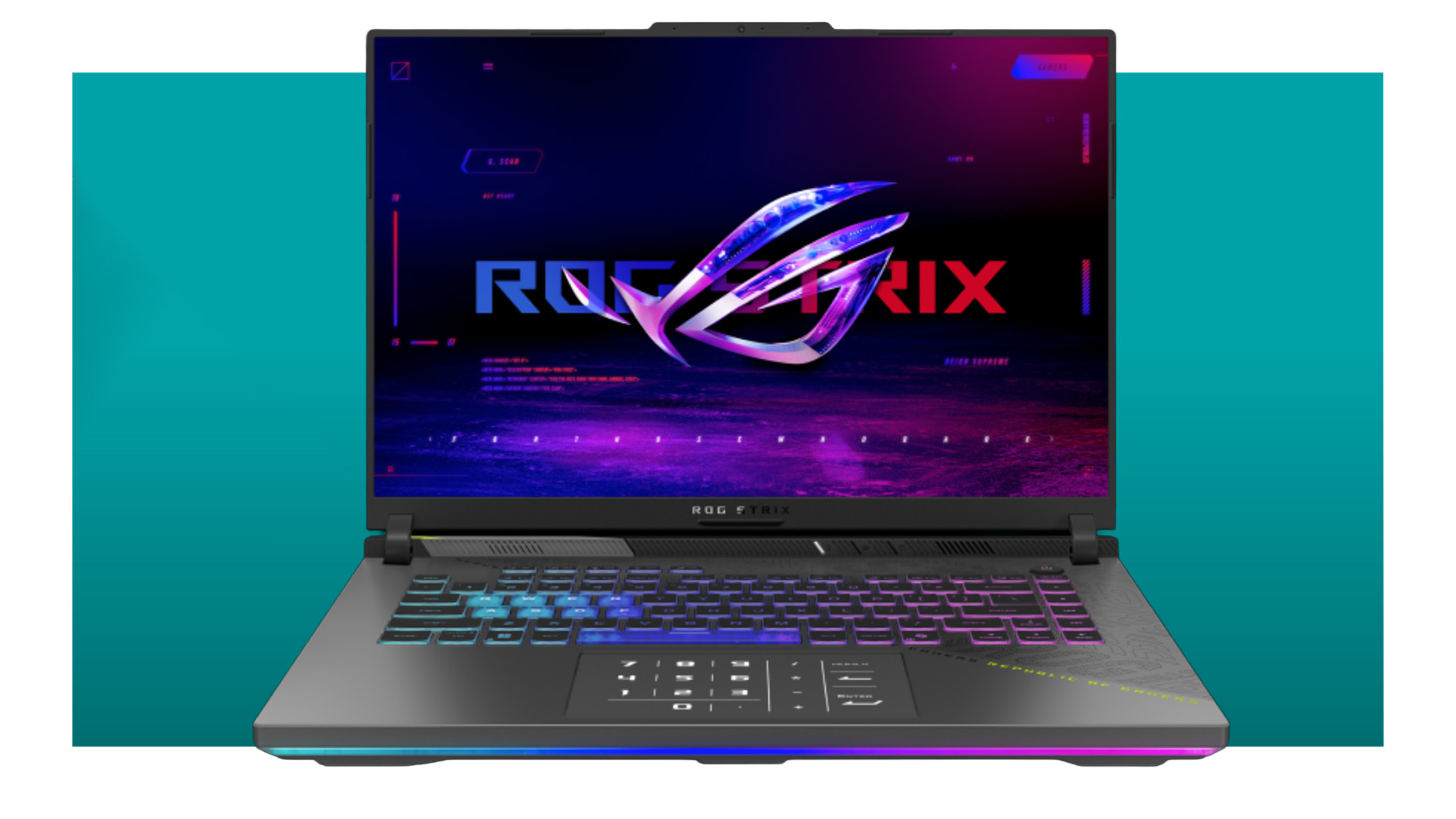 Asus gaming laptop on a blue background.