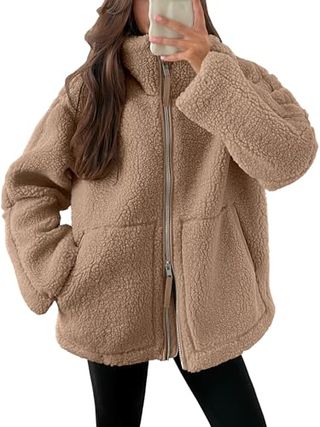 Anrabess Damen-Fuzzy-Fleecejacke, lässig, langärmelig, große Größe, Sherpa, warmer Mantel, Doppelreißverschluss, Winter-Teddy-Outwear mit kleinen Taschen