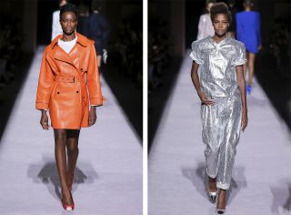 Female models wearing orange and silver clothes from the Tom Ford S/S2018 collection