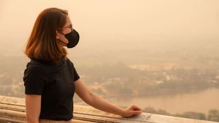 A woman wearing a face mask looking at the polluted sky