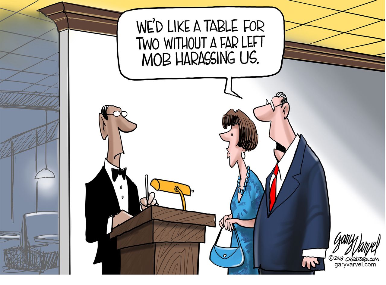 Political cartoon U.S. restaurant protestors far left harassment