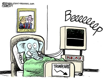 Political Cartoon U.S. Art of the Deal Trumpcare health care replacement dead