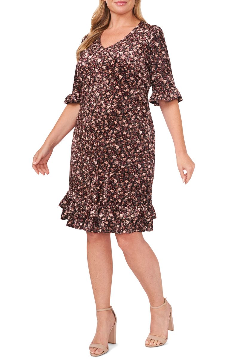 CeCe Floral Velvet A-Line Dress