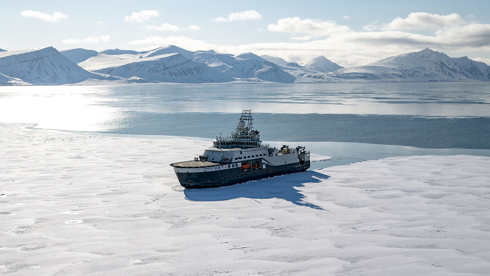 A ship makes its way through the Northwest Passage in the Arctic Ocean