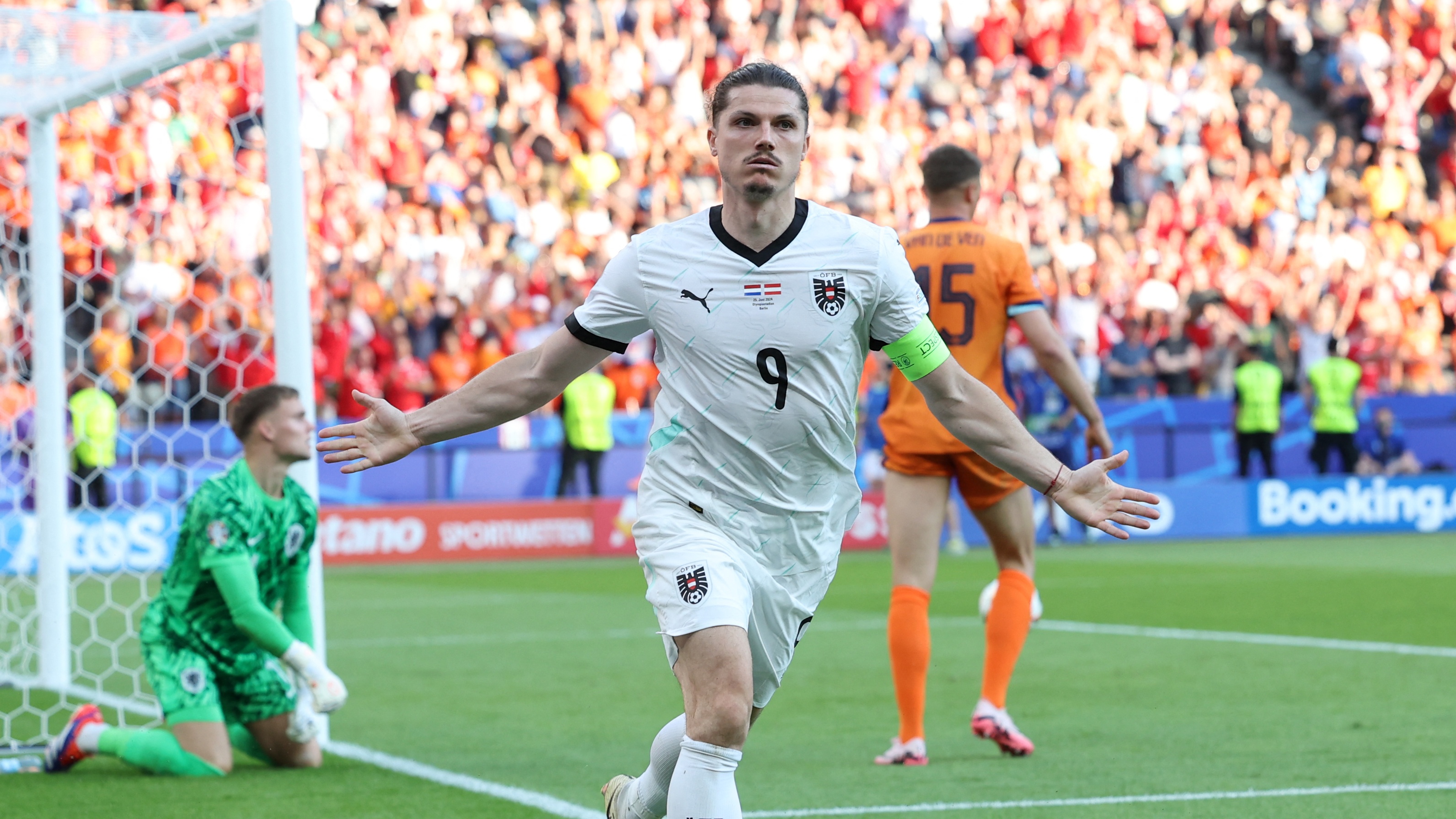 Marcel Sabitzer scoring Austria's 3rd goal vs Netherlands in the UEFA Euros 2024