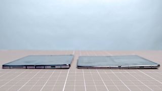 Samsung Galaxy Z Fold 4 and Google Pixel Fold on table showing profile and thickness