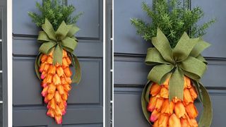 Tulip carrot swag on a front door to suggest a fun alternative Easter wreath idea