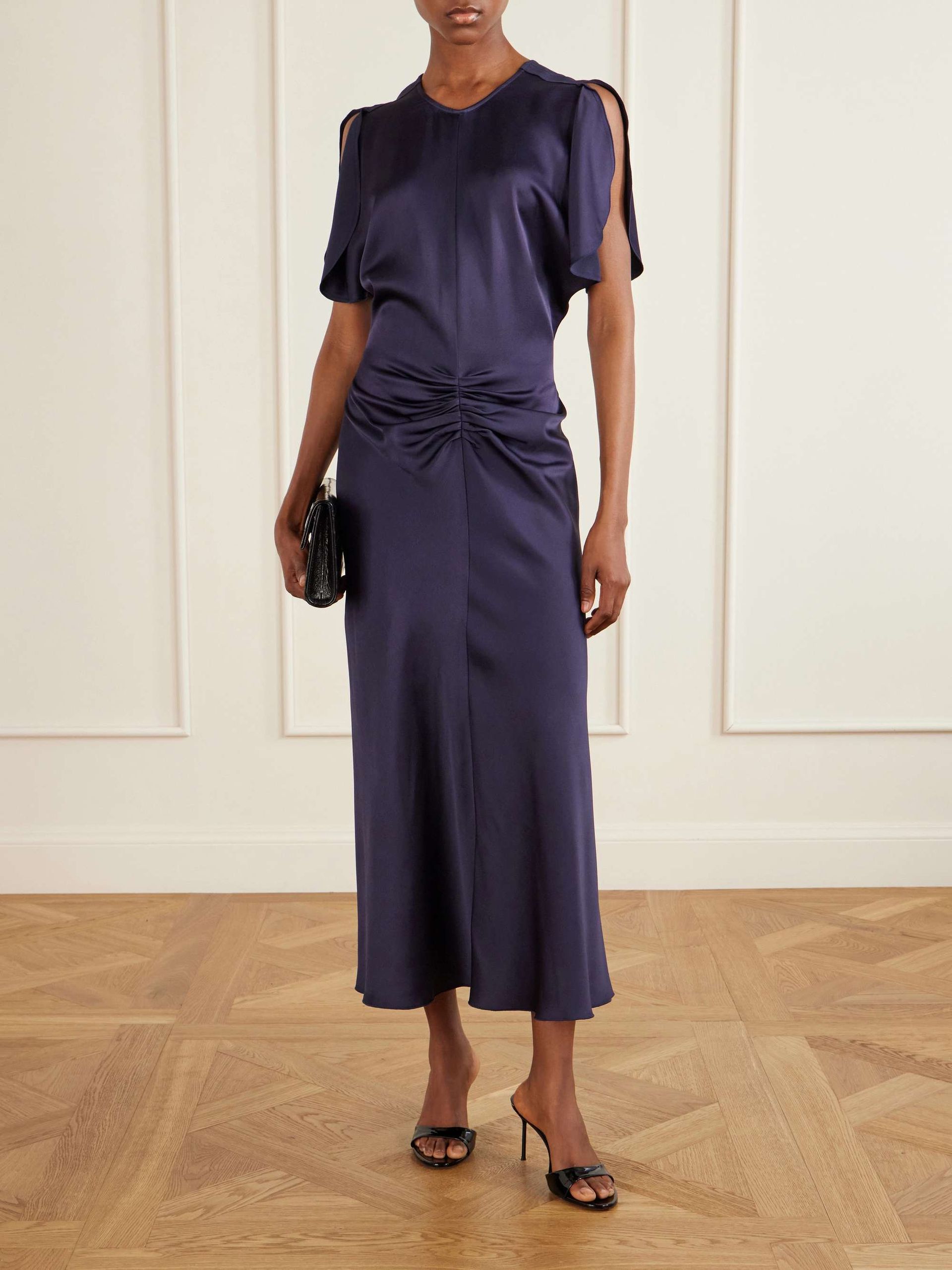 Bela Gathered Satin Midi Dress