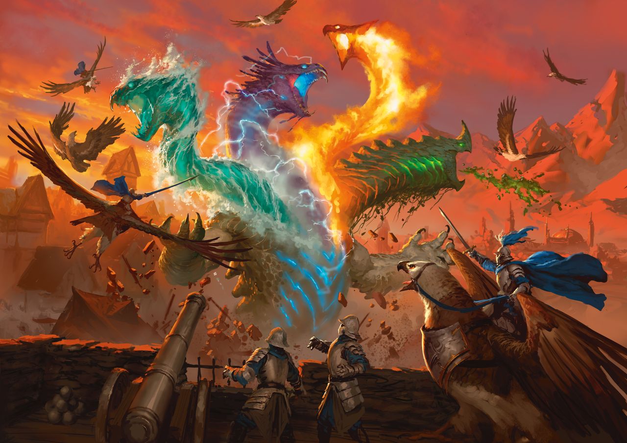 An elemental cataclysm rages against an army of flying assailants in D&amp;D's Monster Manual 2024.