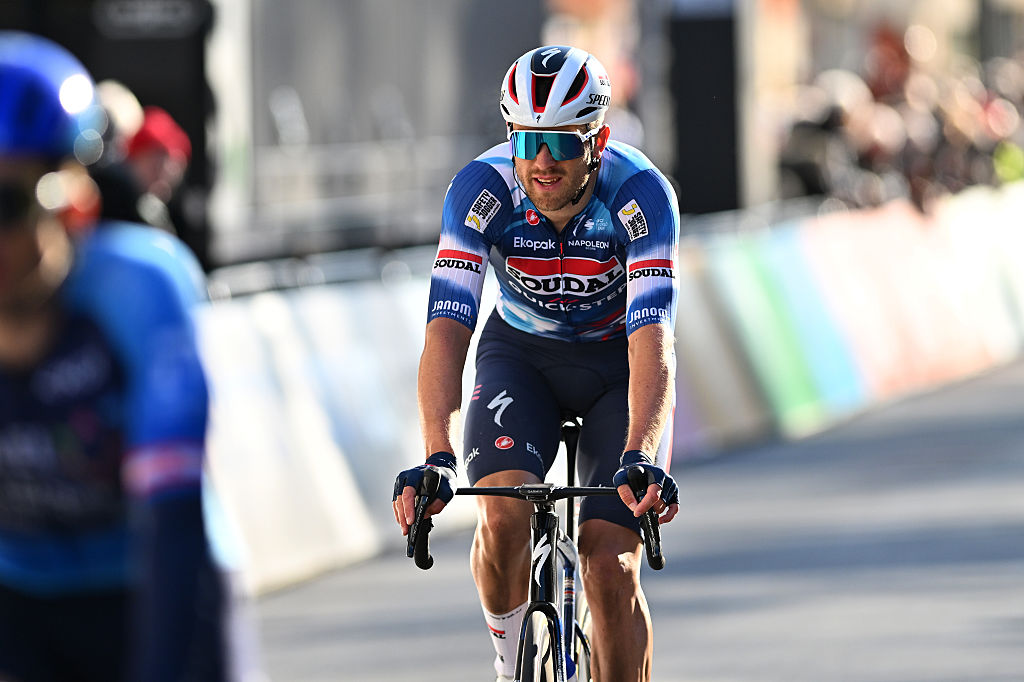 DE PANNE, BELGIUM - MARCH 26: Bert van Lerberghe of Belgium and Team Soudal Quick-Step crosses the finish line during the 49th Classic Brugge-De Panne 2025, Men's Elite a 195.6km one day race from Brugge to De Panne / #UCIWT / on March 26, 2025 in De Panne, Belgium. (Photo by Luc Claessen/Getty Images)
