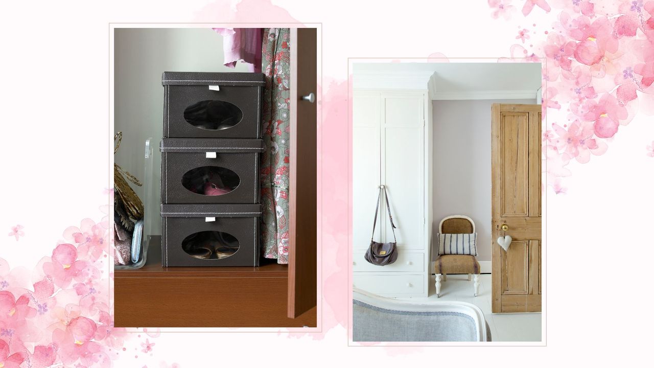 Collage of a pile of storage boxes and a bedroom wardrobe on a pink floral background to show the four-box decluttering method