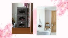 Collage of a pile of storage boxes and a bedroom wardrobe on a pink floral background to show the four-box decluttering method