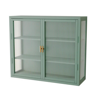 A green see-through kitchen cabinet