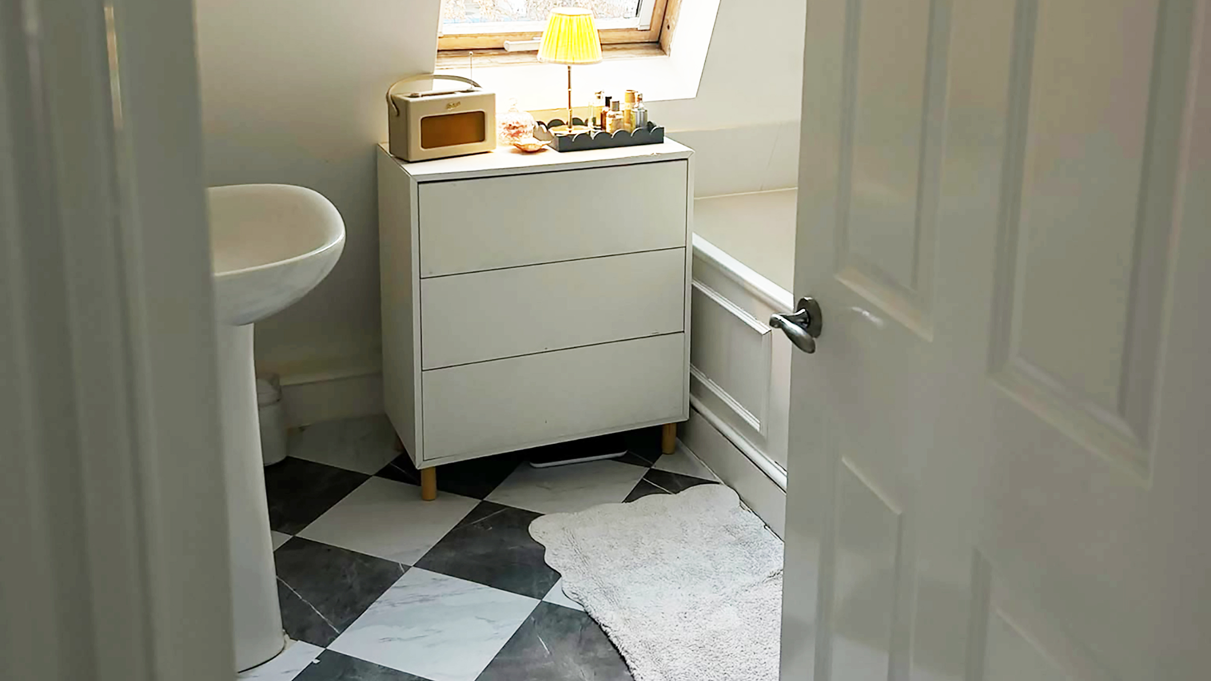 dunelm peel and stick flooring in bathroom